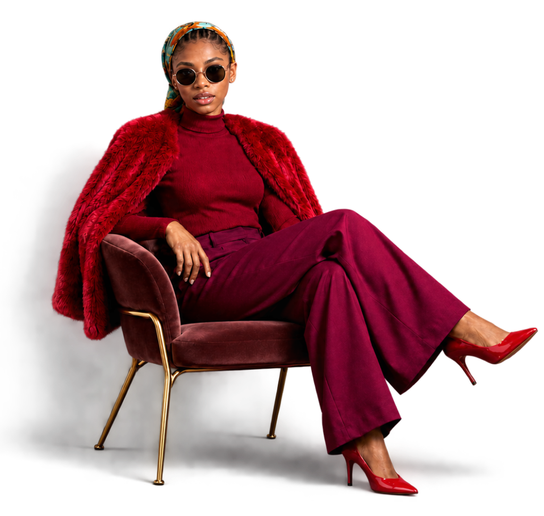 Woman styled in rich burgundy and red tones